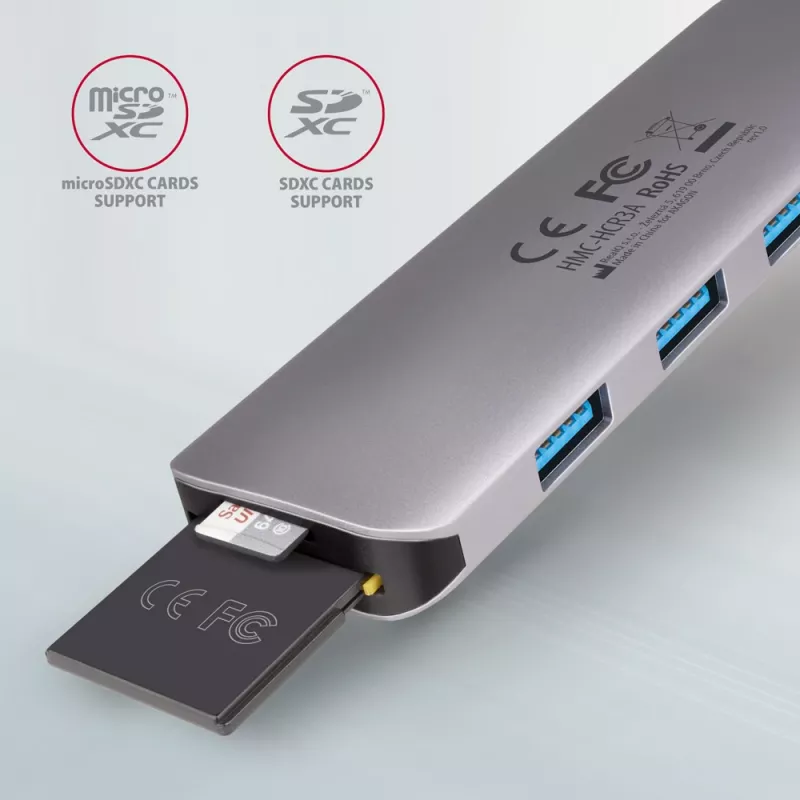 Axagon HMC-HCR3A 3x USB-A + HDMI + SD/microSD USB-C 3.2 Gen 1 -keskitin, 20 cm kaapeli, USB 3.2 Gen 1 (3.1 Gen 1) Type-C, harmaa