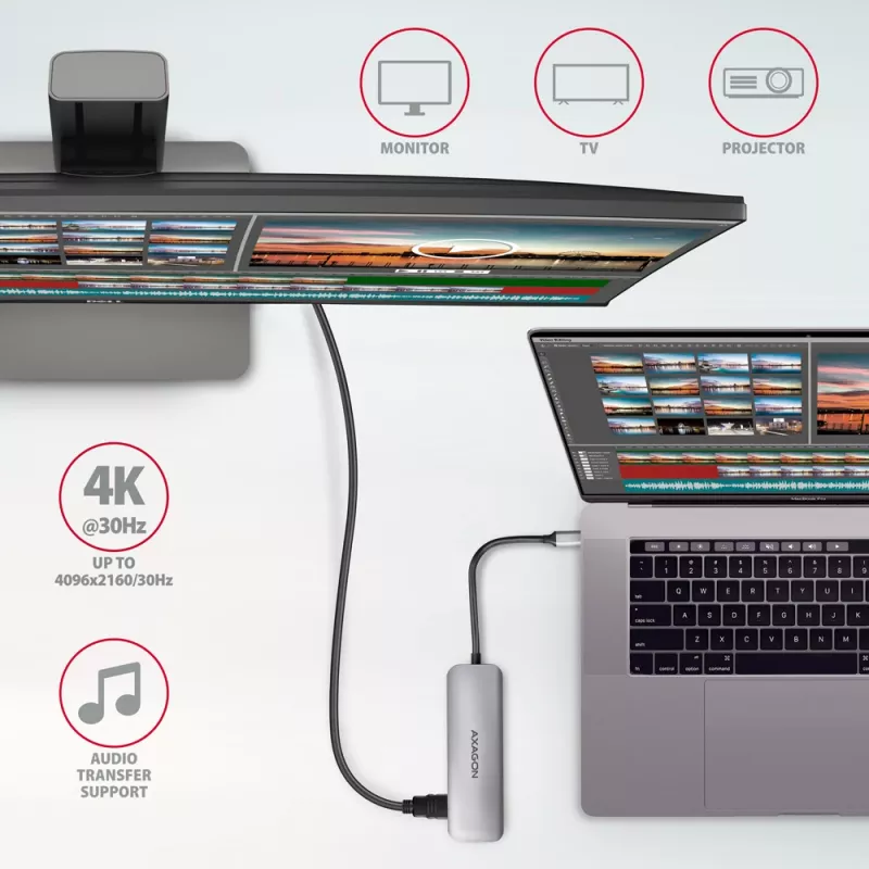 Axagon HMC-HCR3A 3x USB-A + HDMI + SD/microSD USB-C 3.2 Gen 1 -keskitin, 20 cm kaapeli, USB 3.2 Gen 1 (3.1 Gen 1) Type-C, harmaa