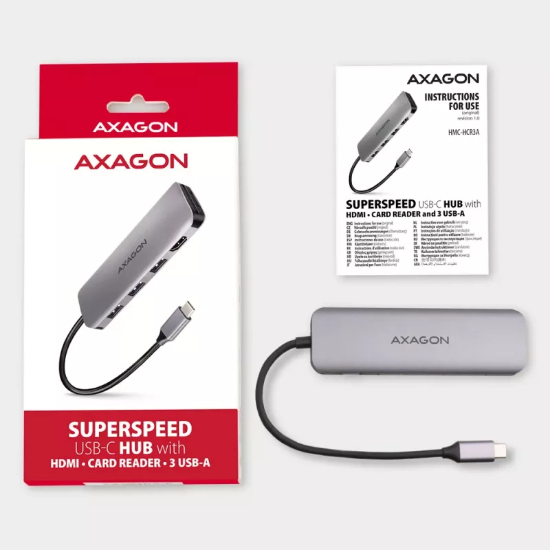 Axagon HMC-HCR3A 3x USB-A + HDMI + SD/microSD USB-C 3.2 Gen 1 -keskitin, 20 cm kaapeli, USB 3.2 Gen 1 (3.1 Gen 1) Type-C, harmaa