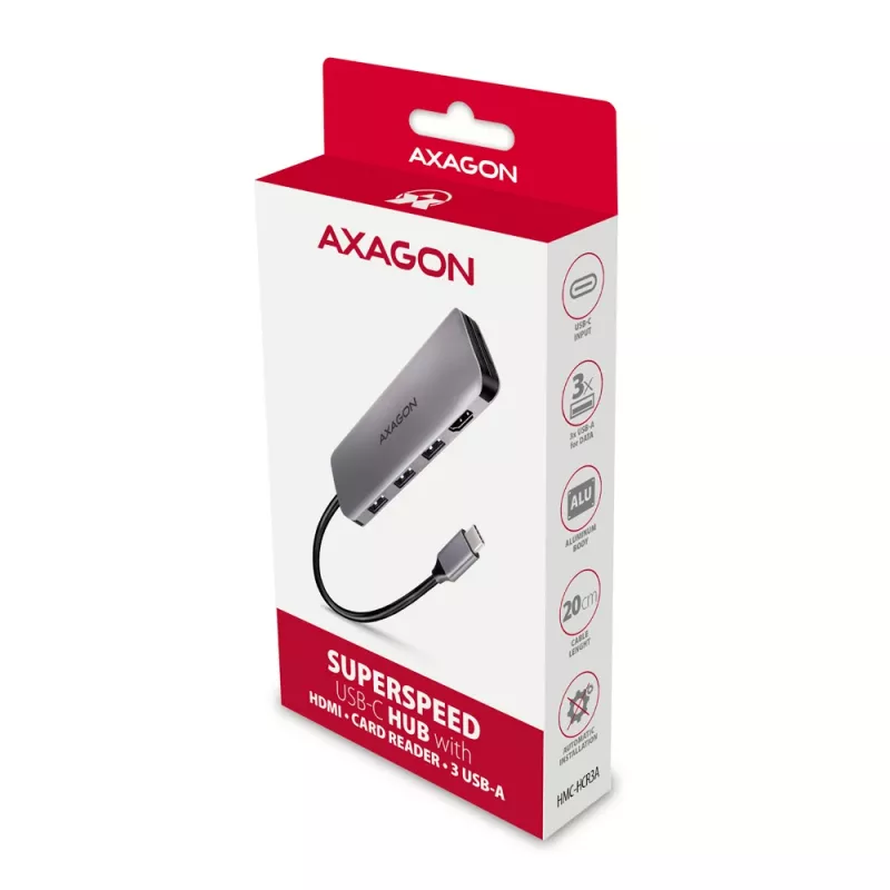 Axagon HMC-HCR3A 3x USB-A + HDMI + SD/microSD USB-C 3.2 Gen 1 -keskitin, 20 cm kaapeli, USB 3.2 Gen 1 (3.1 Gen 1) Type-C, harmaa