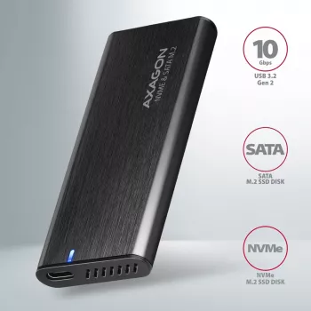Axagon EEM2-SB2 ulkoinen USB-C 3.2 Gen 2 -metallikotelo M.2 NVMe- ja SATA SSD-levyille. Ruuviton