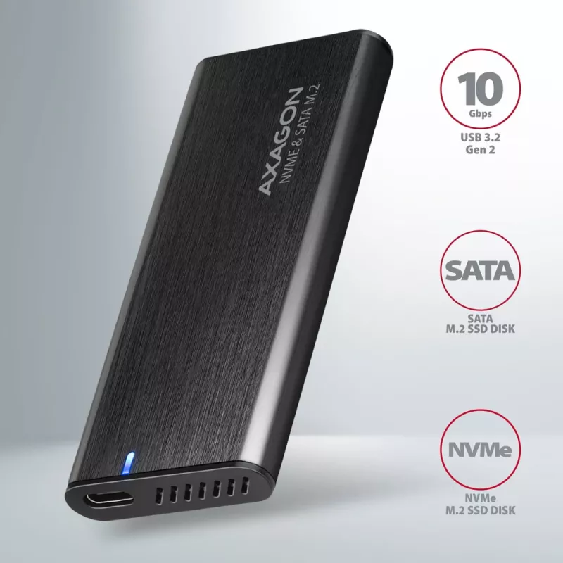 Axagon EEM2-SB2 ulkoinen USB-C 3.2 Gen 2 -metallikotelo M.2 NVMe- ja SATA SSD-levyille. Ruuviton