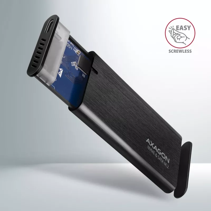 Axagon EEM2-SB2 ulkoinen USB-C 3.2 Gen 2 -metallikotelo M.2 NVMe- ja SATA SSD-levyille. Ruuviton