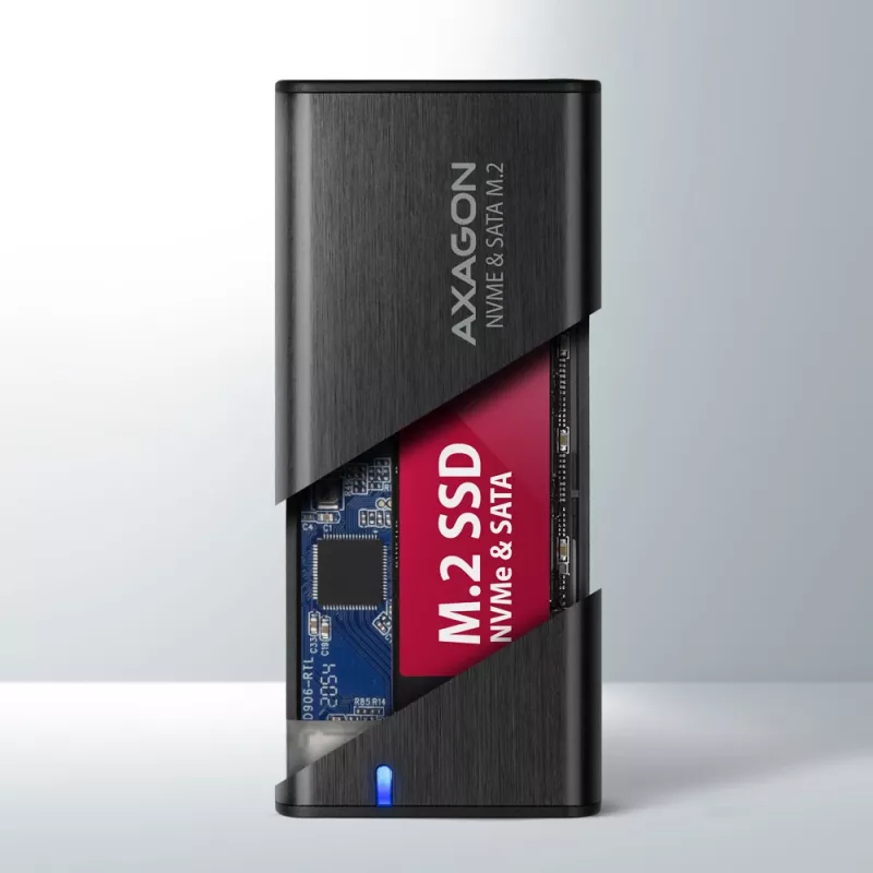 Axagon EEM2-SB2 ulkoinen USB-C 3.2 Gen 2 -metallikotelo M.2 NVMe- ja SATA SSD-levyille. Ruuviton