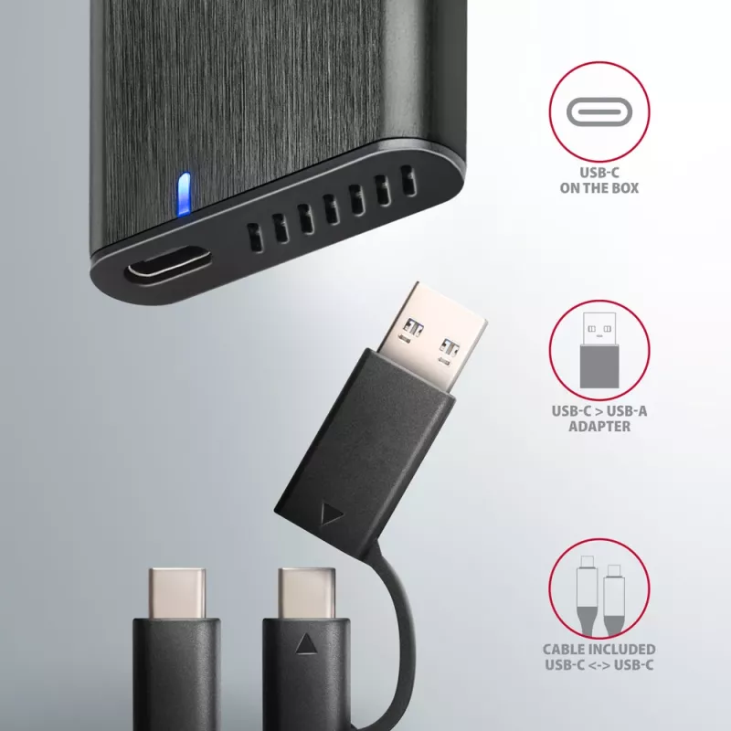 Axagon EEM2-SB2 ulkoinen USB-C 3.2 Gen 2 -metallikotelo M.2 NVMe- ja SATA SSD-levyille. Ruuviton