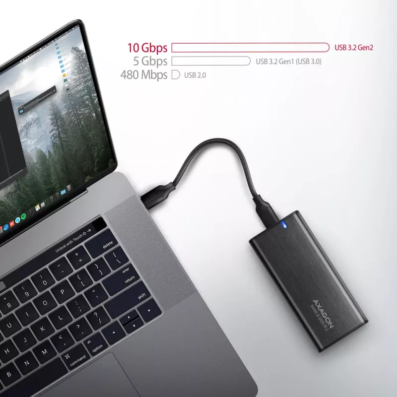 Axagon EEM2-SB2 ulkoinen USB-C 3.2 Gen 2 -metallikotelo M.2 NVMe- ja SATA SSD-levyille. Ruuviton