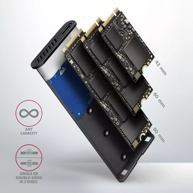 Axagon EEM2-SB2 ulkoinen USB-C 3.2 Gen 2 -metallikotelo M.2 NVMe- ja SATA SSD-levyille. Ruuviton