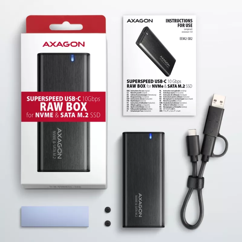 Axagon EEM2-SB2 ulkoinen USB-C 3.2 Gen 2 -metallikotelo M.2 NVMe- ja SATA SSD-levyille. Ruuviton