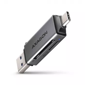 Axagon CRE-DAC USB-C + USB-A 5 Gbps MINI 2-paikkainen ja LUN SD/microSD -kortinlukija USB 3.0 Type-A/Type-C, harmaa