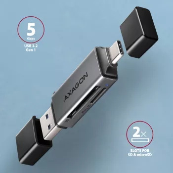 Axagon CRE-DAC USB-C + USB-A 5 Gbps MINI 2-paikkainen ja LUN SD/microSD -kortinlukija USB 3.0 Type-A/Type-C, harmaa