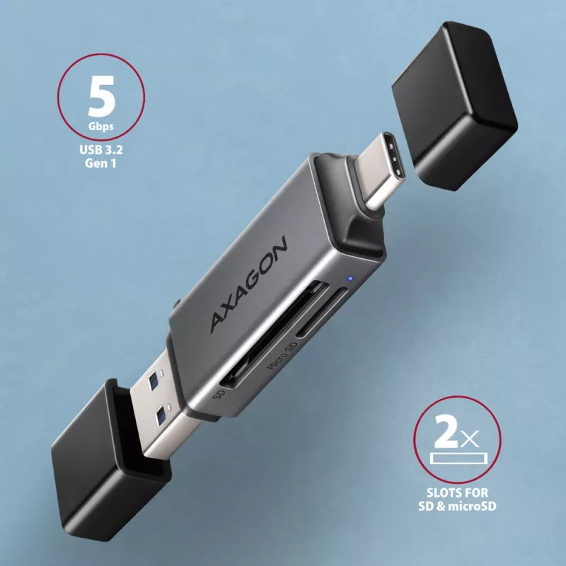 Axagon CRE-DAC USB-C + USB-A 5 Gbps MINI 2-paikkainen ja LUN SD/microSD -kortinlukija USB 3.0 Type-A/Type-C, harmaa