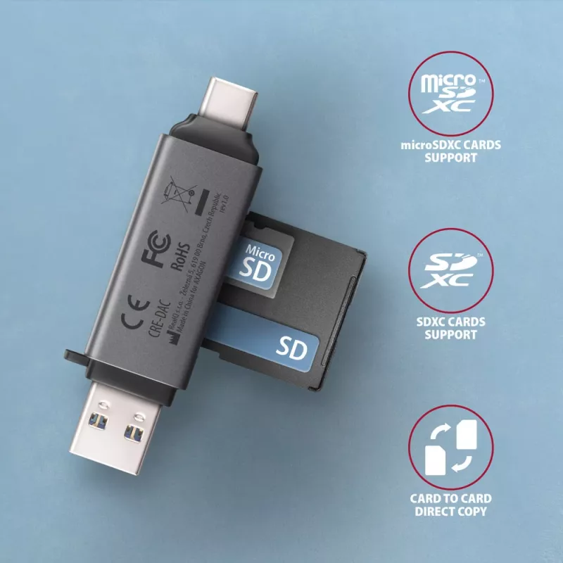 Axagon CRE-DAC USB-C + USB-A 5 Gbps MINI 2-paikkainen ja LUN SD/microSD -kortinlukija USB 3.0 Type-A/Type-C, harmaa