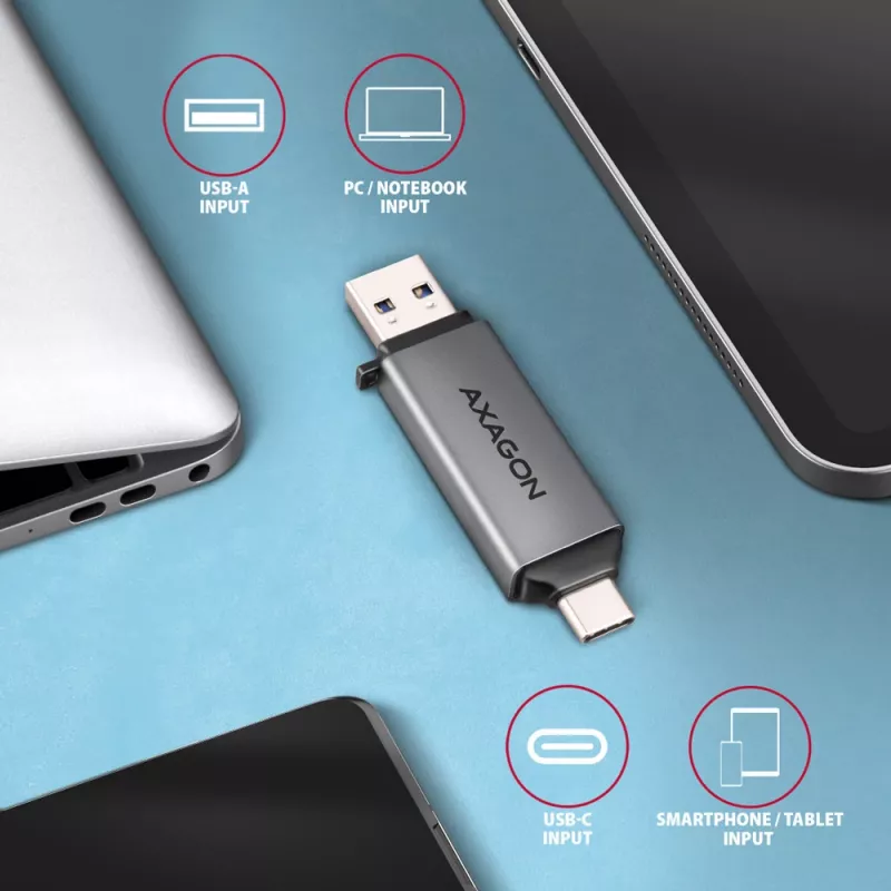 Axagon CRE-DAC USB-C + USB-A 5 Gbps MINI 2-paikkainen ja LUN SD/microSD -kortinlukija USB 3.0 Type-A/Type-C, harmaa