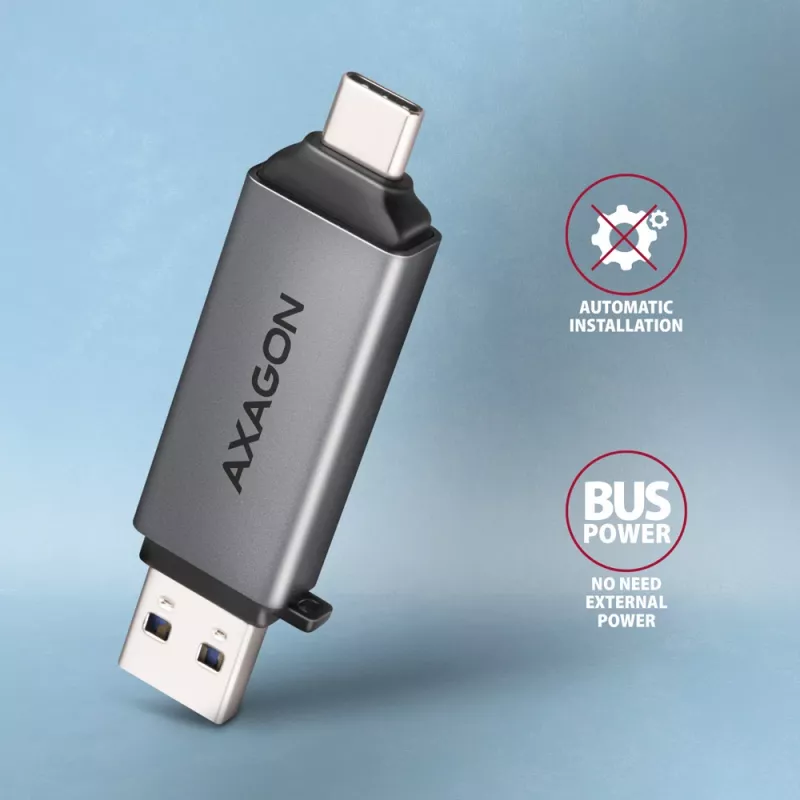 Axagon CRE-DAC USB-C + USB-A 5 Gbps MINI 2-paikkainen ja LUN SD/microSD -kortinlukija USB 3.0 Type-A/Type-C, harmaa