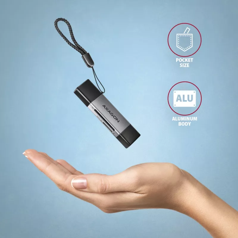 Axagon CRE-DAC USB-C + USB-A 5 Gbps MINI 2-paikkainen ja LUN SD/microSD -kortinlukija USB 3.0 Type-A/Type-C, harmaa