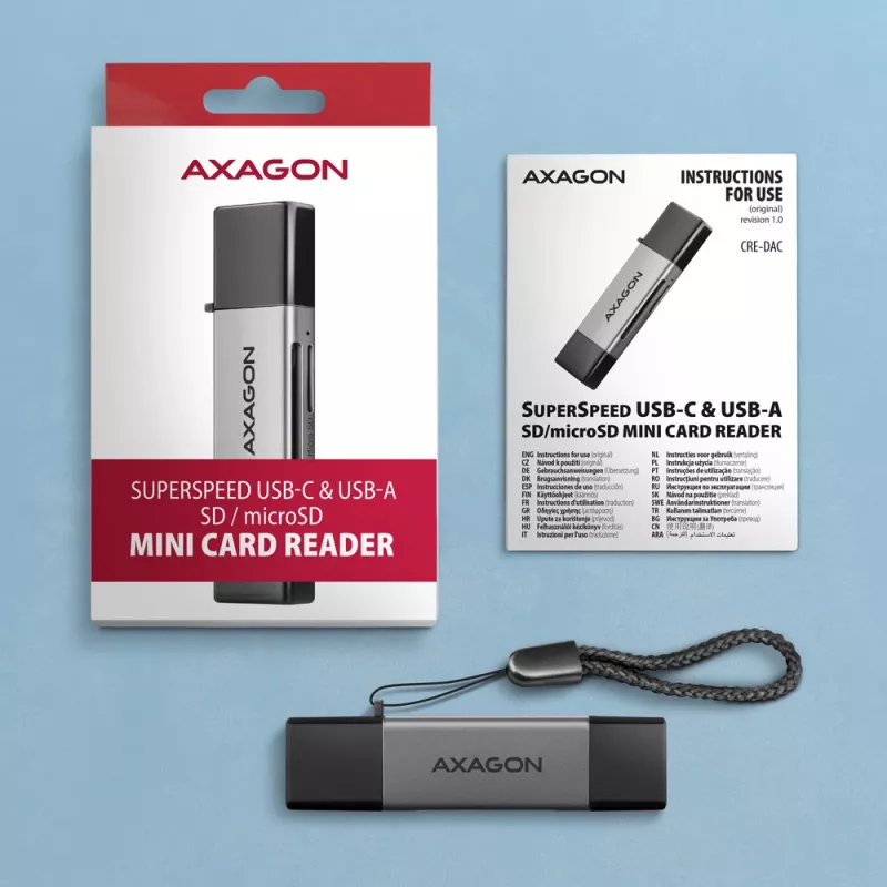 Axagon CRE-DAC USB-C + USB-A 5 Gbps MINI 2-paikkainen ja LUN SD/microSD -kortinlukija USB 3.0 Type-A/Type-C, harmaa
