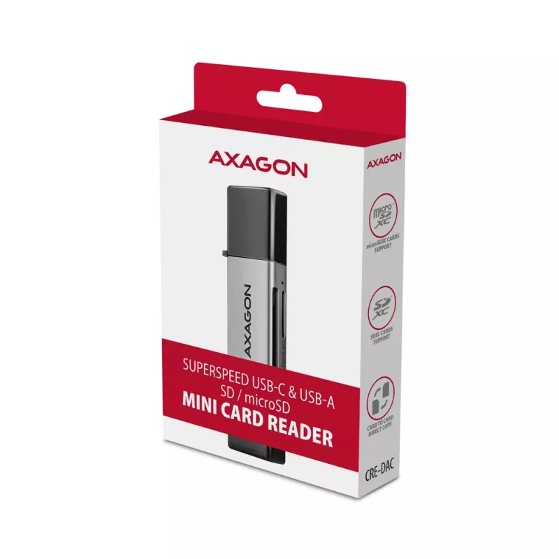 Axagon CRE-DAC USB-C + USB-A 5 Gbps MINI 2-paikkainen ja LUN SD/microSD -kortinlukija USB 3.0 Type-A/Type-C, harmaa