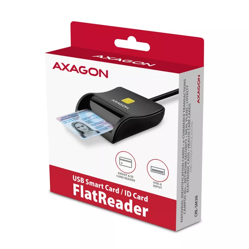Axagon CRE-SM3N USB-A-älykortti-/ID-kortinlukija, USB 2.0, 1,3 m, musta, 57 g