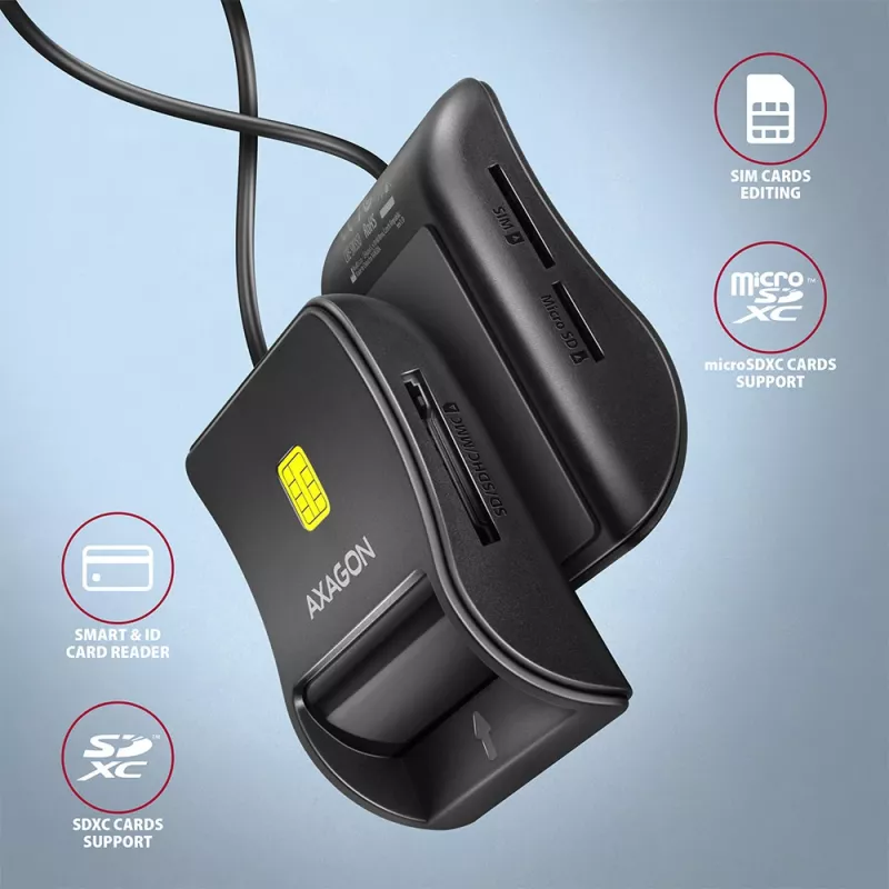 Axagon CRE-SM3SD USB-älykortti- ja SD/microSD/SIM-litteä kortinlukija sisäkäyttöön USB 2.0, musta