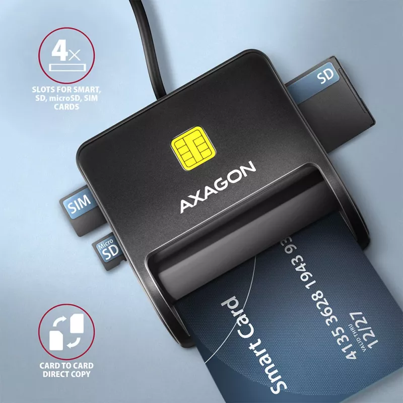 Axagon CRE-SM3SD USB-älykortti- ja SD/microSD/SIM-litteä kortinlukija sisäkäyttöön USB 2.0, musta