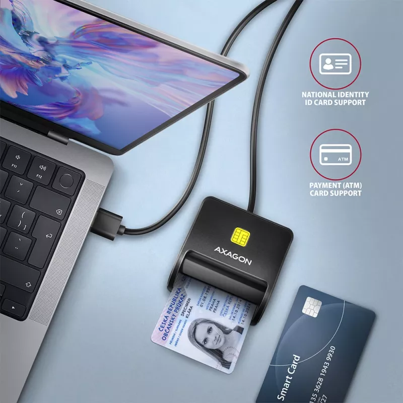 Axagon CRE-SM3SD USB-älykortti- ja SD/microSD/SIM-litteä kortinlukija sisäkäyttöön USB 2.0, musta