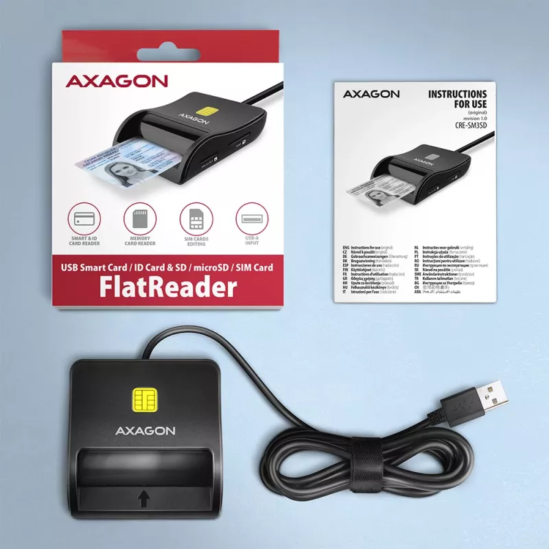 Axagon CRE-SM3SD USB-älykortti- ja SD/microSD/SIM-litteä kortinlukija sisäkäyttöön USB 2.0, musta