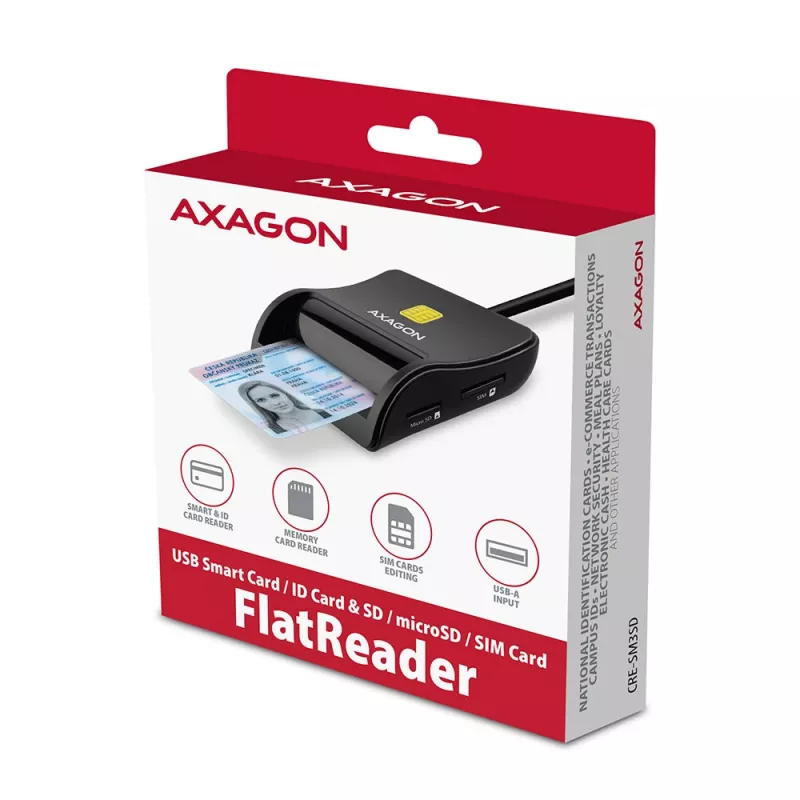 Axagon CRE-SM3SD USB-älykortti- ja SD/microSD/SIM-litteä kortinlukija sisäkäyttöön USB 2.0, musta