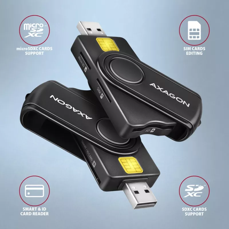 Axagon CRE-SMP2A USB-älykortti- ja SD/microSD/SIM PocketReader -kortinlukija sisäkäyttöön USB Type-A/USB Type-C, musta