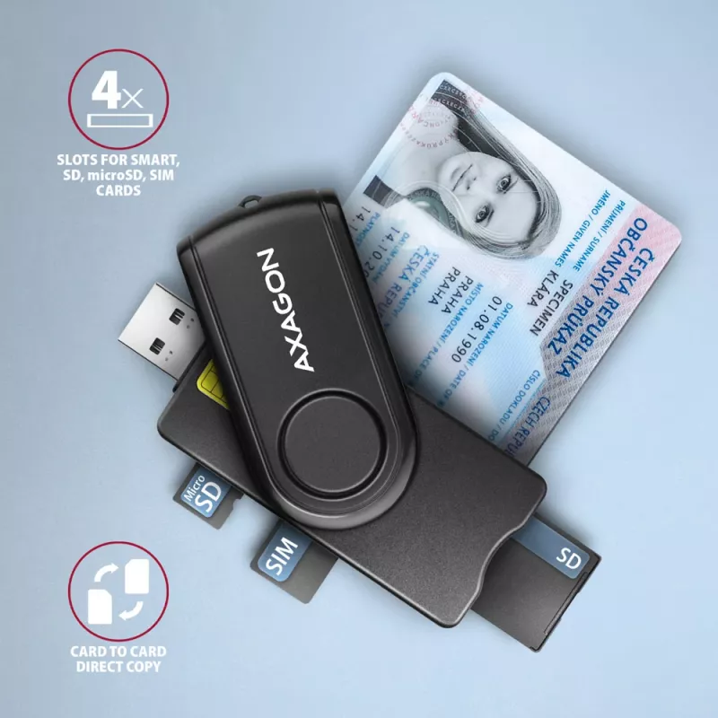 Axagon CRE-SMP2A USB-älykortti- ja SD/microSD/SIM PocketReader -kortinlukija sisäkäyttöön USB Type-A/USB Type-C, musta