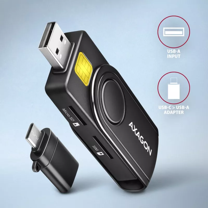 Axagon CRE-SMP2A USB-älykortti- ja SD/microSD/SIM PocketReader -kortinlukija sisäkäyttöön USB Type-A/USB Type-C, musta