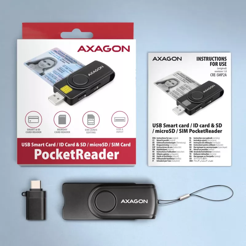 Axagon CRE-SMP2A USB-älykortti- ja SD/microSD/SIM PocketReader -kortinlukija sisäkäyttöön USB Type-A/USB Type-C, musta
