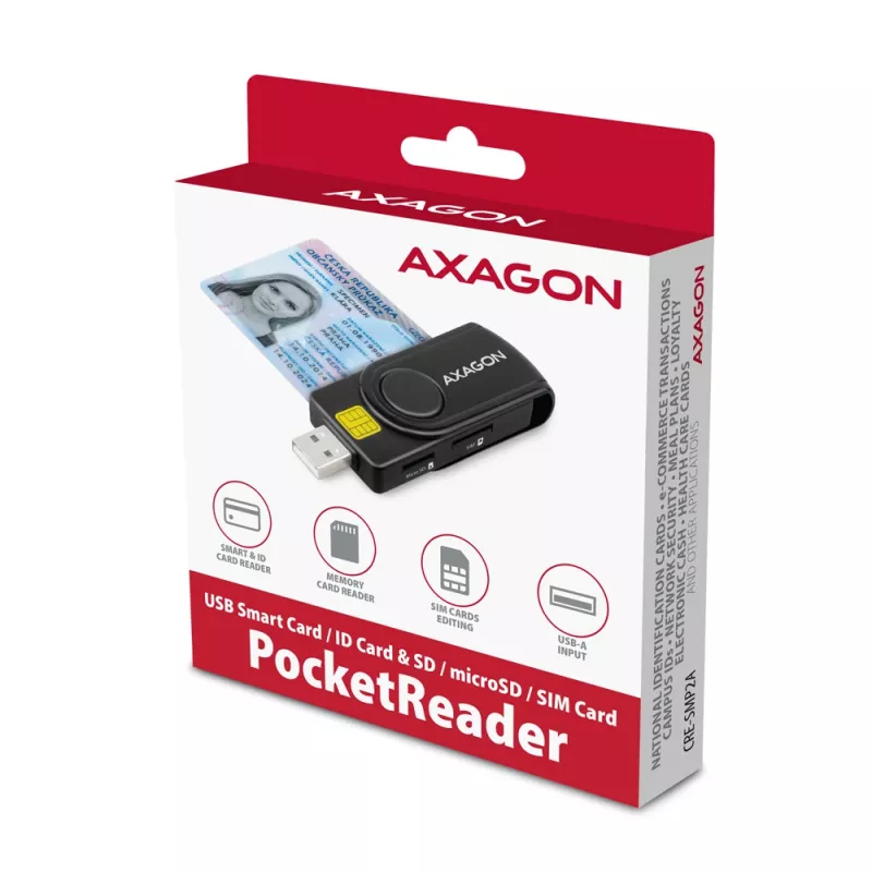 Axagon CRE-SMP2A USB-älykortti- ja SD/microSD/SIM PocketReader -kortinlukija sisäkäyttöön USB Type-A/USB Type-C, musta
