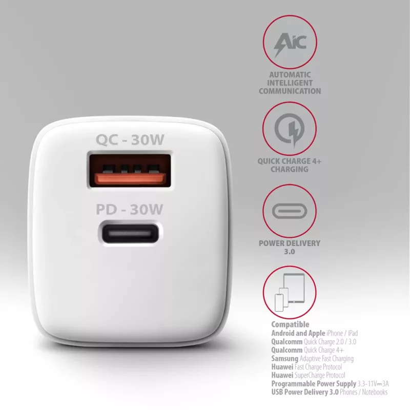 Laturi Axagon ACU-PQ30W QC3.0 30W USB-C valkoinen