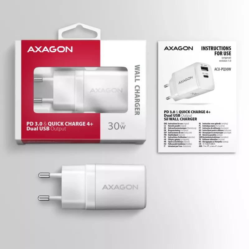 Laturi Axagon ACU-PQ30W QC3.0 30W USB-C valkoinen