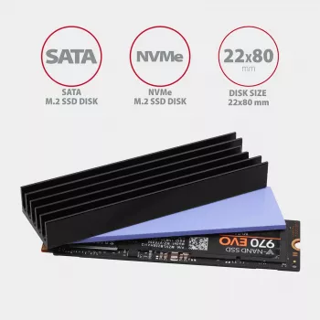 Axagon CLR-M2L10 passiivinen alumiinijäähdytyssiili kaikille M.2 SSD-asemille, koko 2280, 10 mm korkea.