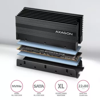 Axagon CLR-M2XL passiivinen alumiinijäähdytyssiili yksipuolisille ja kaksipuolisille M.2 SSD-asemille, koko 2280, korkeus 36 mm