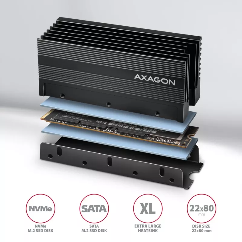 Axagon CLR-M2XL passiivinen alumiinijäähdytyssiili yksipuolisille ja kaksipuolisille M.2 SSD-asemille, koko 2280, korkeus 36 mm