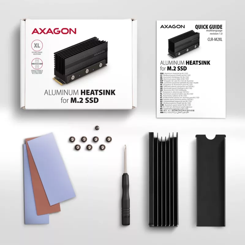Axagon CLR-M2XL passiivinen alumiinijäähdytyssiili yksipuolisille ja kaksipuolisille M.2 SSD-asemille, koko 2280, korkeus 36 mm