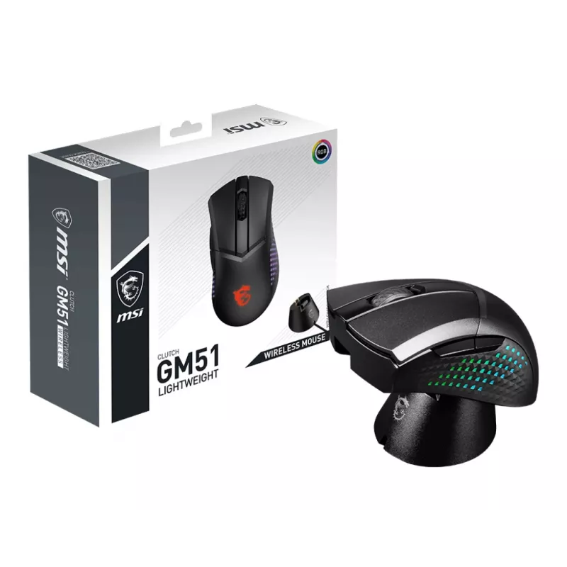 MSI CLUTCH GM51 LIGHTWEIGHT WIRELESS hiiri pelikäyttöön oikeakätisille RF + Bluetooth + USB Type-C optinen 26000 DPI