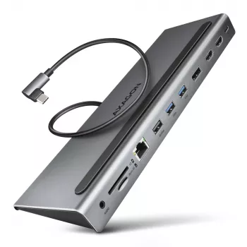 Telakointiasema Axagon HMC-4KX3 USB-C 5Gbps -keskitin, 3x USB-A, 2x HDMI, DP, RJ-45, SD/microSD, ääni, PD 100W, kaapeli 40cm