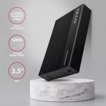 Axagon EE35-GTR USB-C 5Gbps - SATA 6G, 3.5 RIBBED box BLACK - USB Type-C HDD-kotelo 3,5 tuumaa