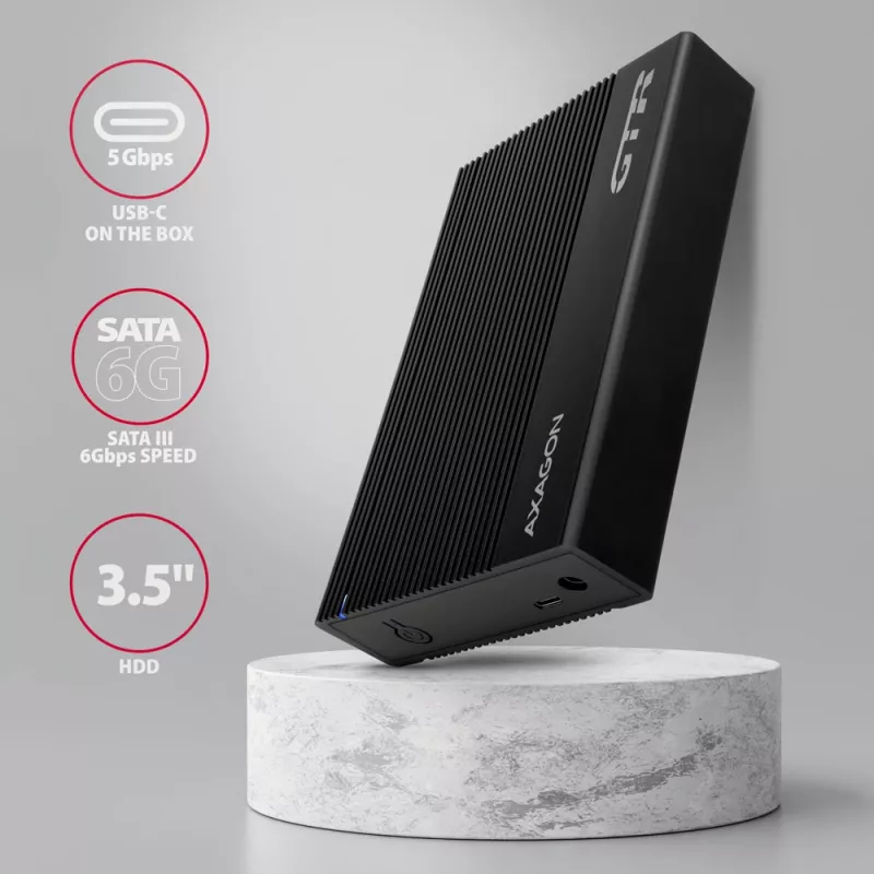 Axagon EE35-GTR USB-C 5Gbps - SATA 6G, 3.5 RIBBED box BLACK - USB Type-C HDD-kotelo 3,5 tuumaa