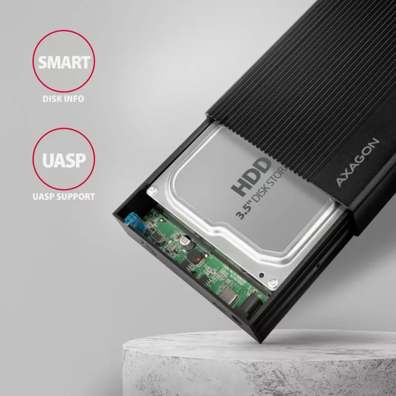 Axagon EE35-GTR USB-C 5Gbps - SATA 6G, 3.5 RIBBED box BLACK - USB Type-C HDD-kotelo 3,5 tuumaa