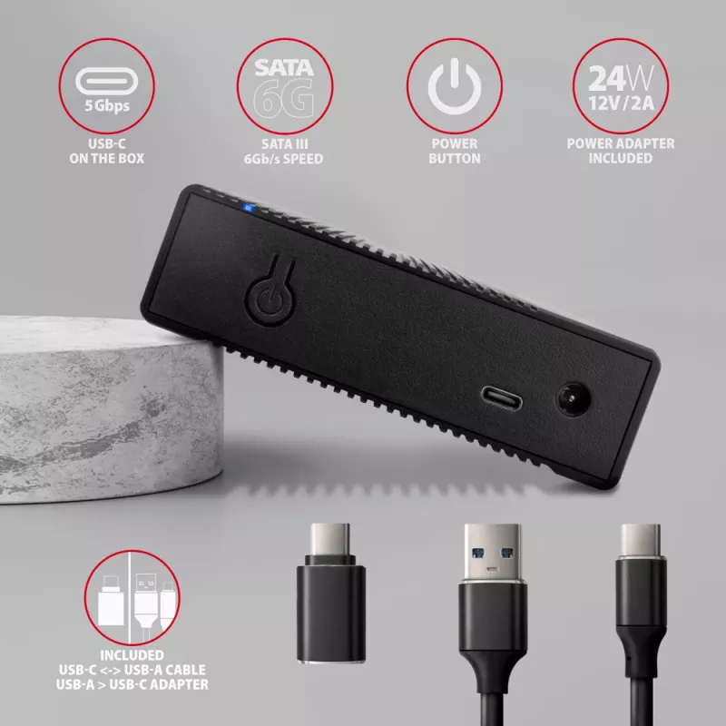 Axagon EE35-GTR USB-C 5Gbps - SATA 6G, 3.5 RIBBED box BLACK - USB Type-C HDD-kotelo 3,5 tuumaa