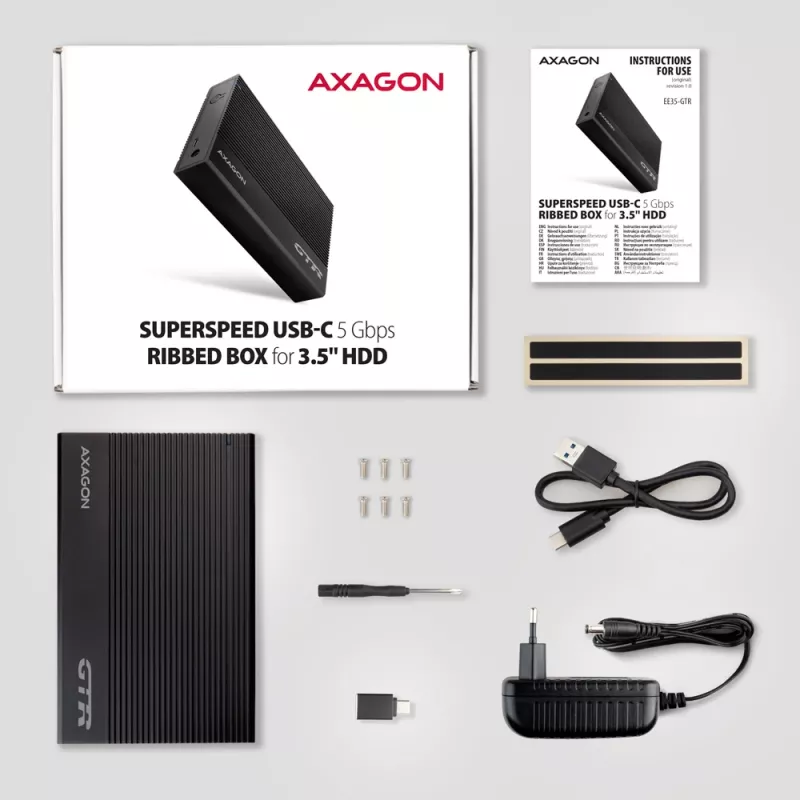 Axagon EE35-GTR USB-C 5Gbps - SATA 6G, 3.5 RIBBED box BLACK - USB Type-C HDD-kotelo 3,5 tuumaa