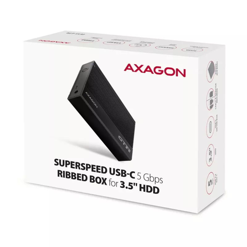 Axagon EE35-GTR USB-C 5Gbps - SATA 6G, 3.5 RIBBED box BLACK - USB Type-C HDD-kotelo 3,5 tuumaa