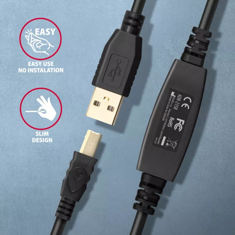 Axagon ADR-215B USB 2.0 A-M -> B-M aktiivinen liitäntä-/toistinkaapeli 15 m