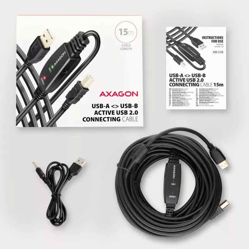 Axagon ADR-215B USB 2.0 A-M -> B-M aktiivinen liitäntä-/toistinkaapeli 15 m