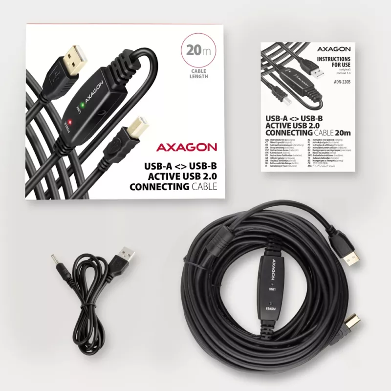 Axagon ADR-220B aktiivinen USB 2.0 A-M -> B-M liitäntä-/toistinkaapeli 20 m