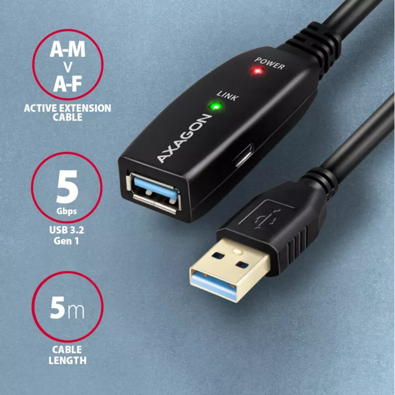 Axagon ADR-305 USB 3.2 Gen 1 A-M -> A-F aktiivinen jatko-/toistinkaapeli 5 m